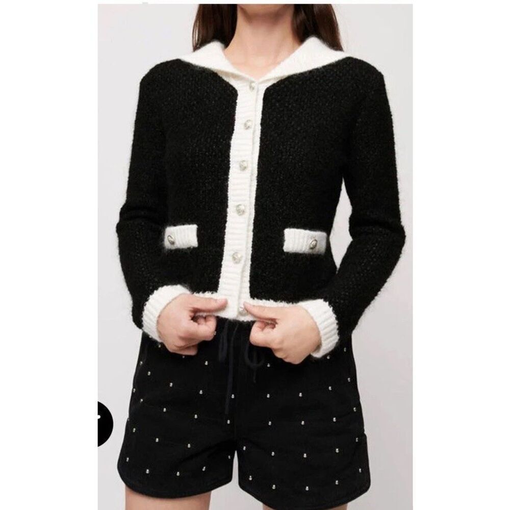 MAJE Sz 3 Mutine Two-Tone Stretch-Woven Cardigan Black White NWOT